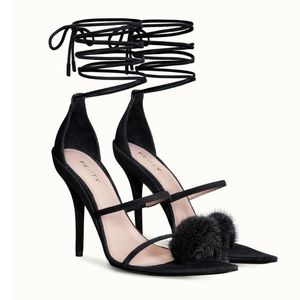 Fenty Scandal Lace Up Black Suede Fur Sandal with Fur Detail and Pointy Toe